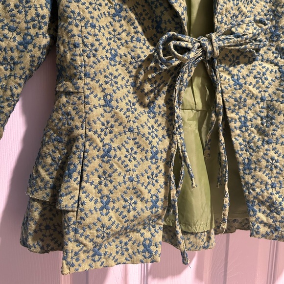 Vintage Ateliers Rare Toggery Embroidered Tie Waist Blue & Green Jacket Womens L - Picture 8 of 10